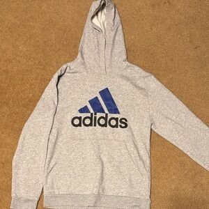Adidas Men's Light Gray Hoodie with Blue and Black Logo